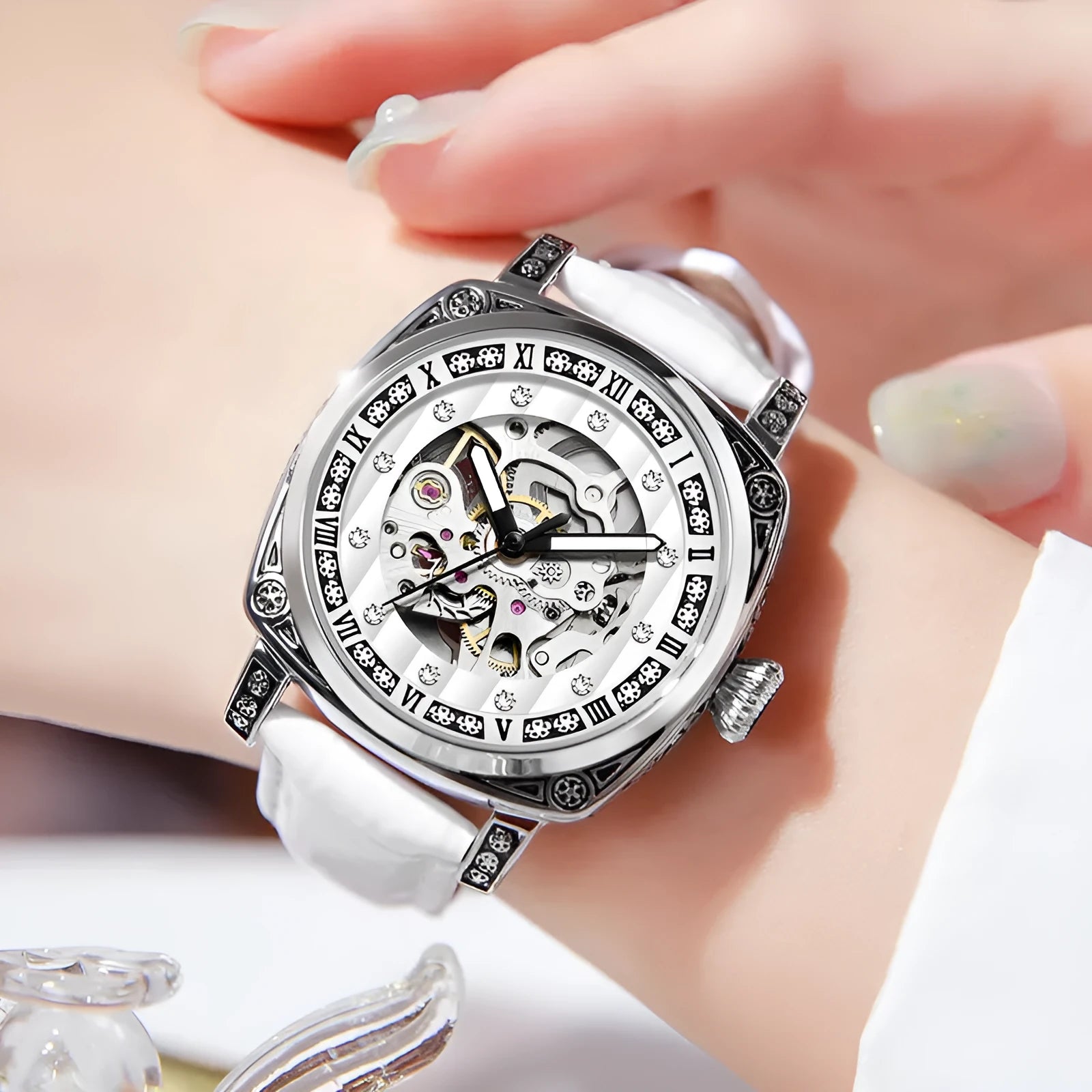 Leather strap mechanical watch with luminous hands in multiple colour options