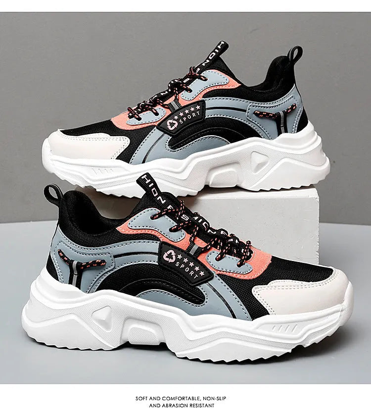 Women's white and moonlight coloured sports shoes with mesh upper and thick sole