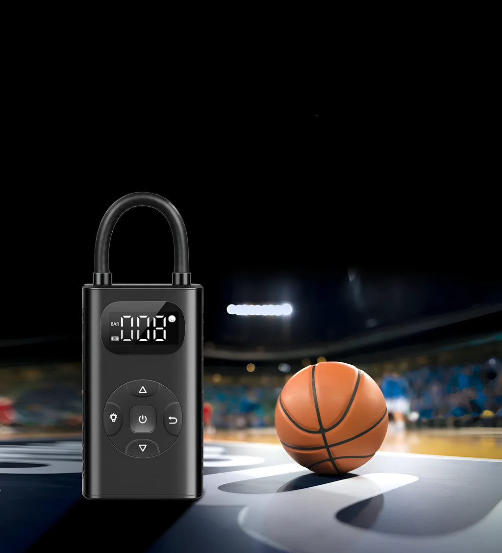 Black M09X portable power bank tyre inflator with digital display and 16cm air hose on a dark background.