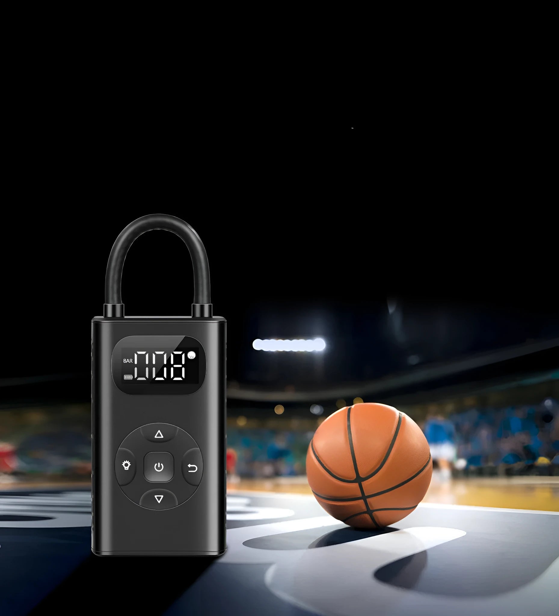 Black M09X portable power bank tyre inflator with digital display and 16cm air hose on a dark background.