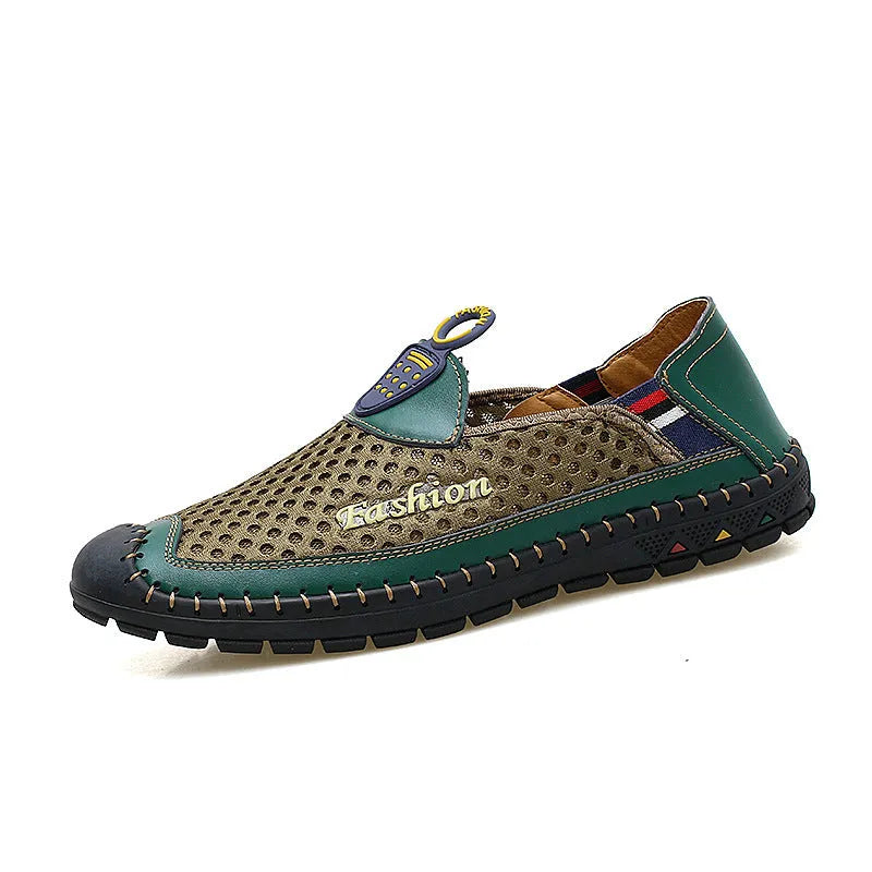 Men's brown casual mesh shoes with round toe and rubber sole