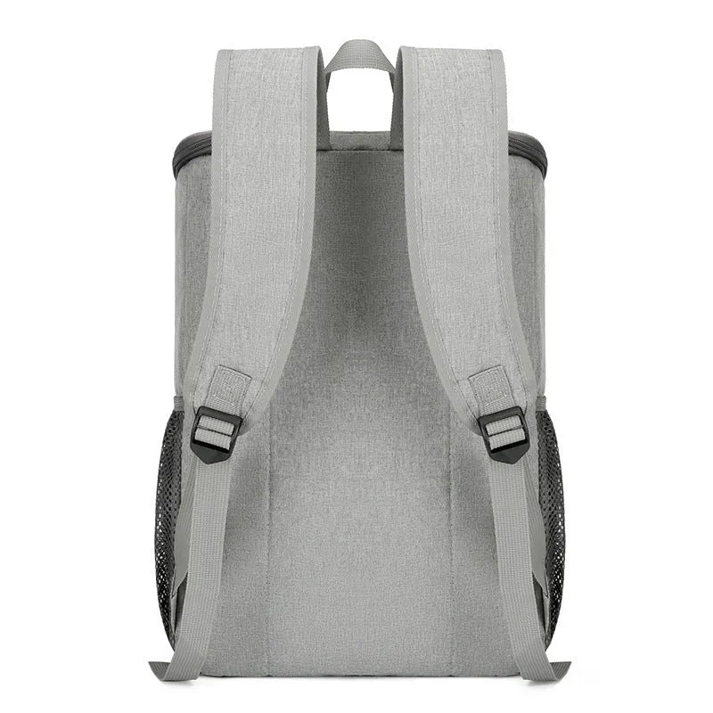 Large black outdoor thermal insulation backpack with curved shoulder straps shown open to reveal compartments