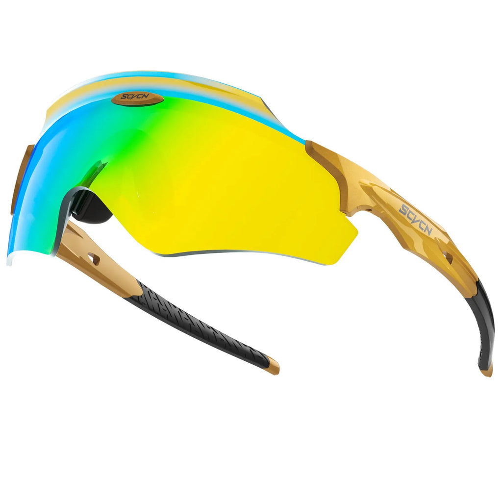 Frameless windproof sports goggles with a colourful integrated lens on a neutral background.