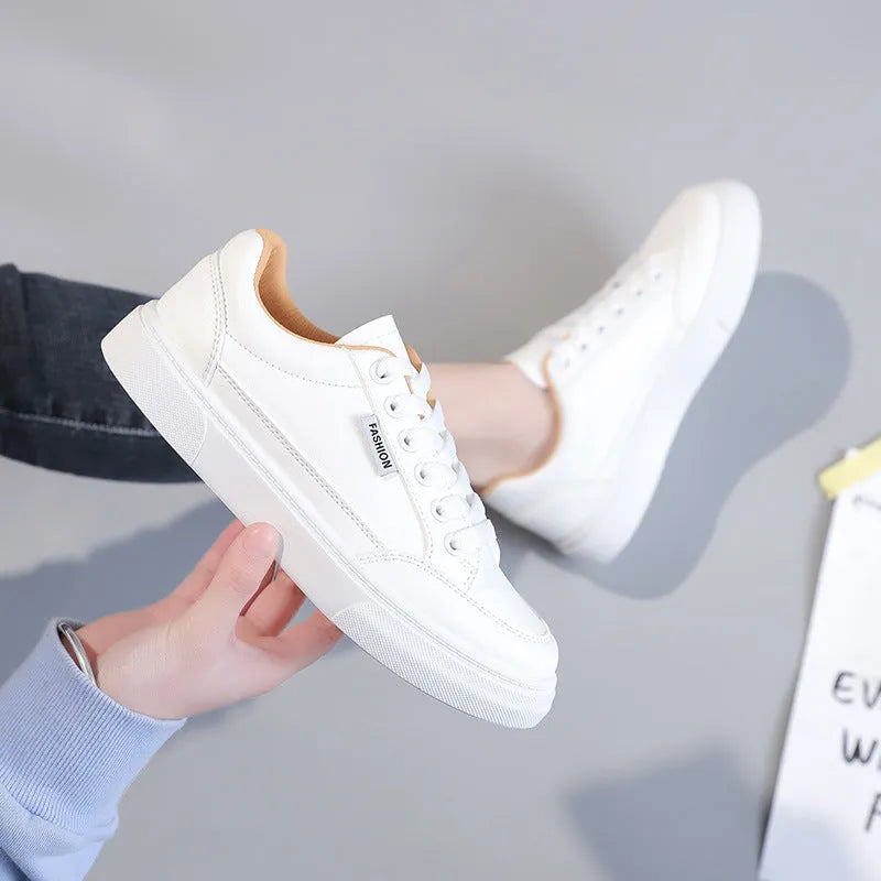 Women's low-top Korean style sneakers in white or brown artificial PU leather with plastic sole