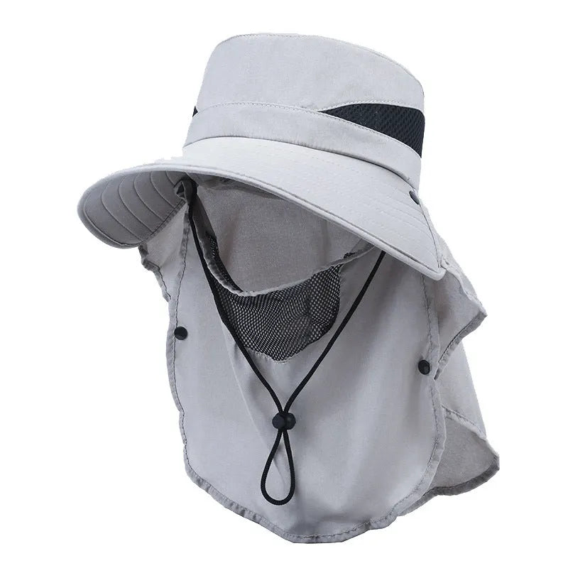 Men's big brim adjustable fisherman sun hat in polyester fabric on a neutral background
