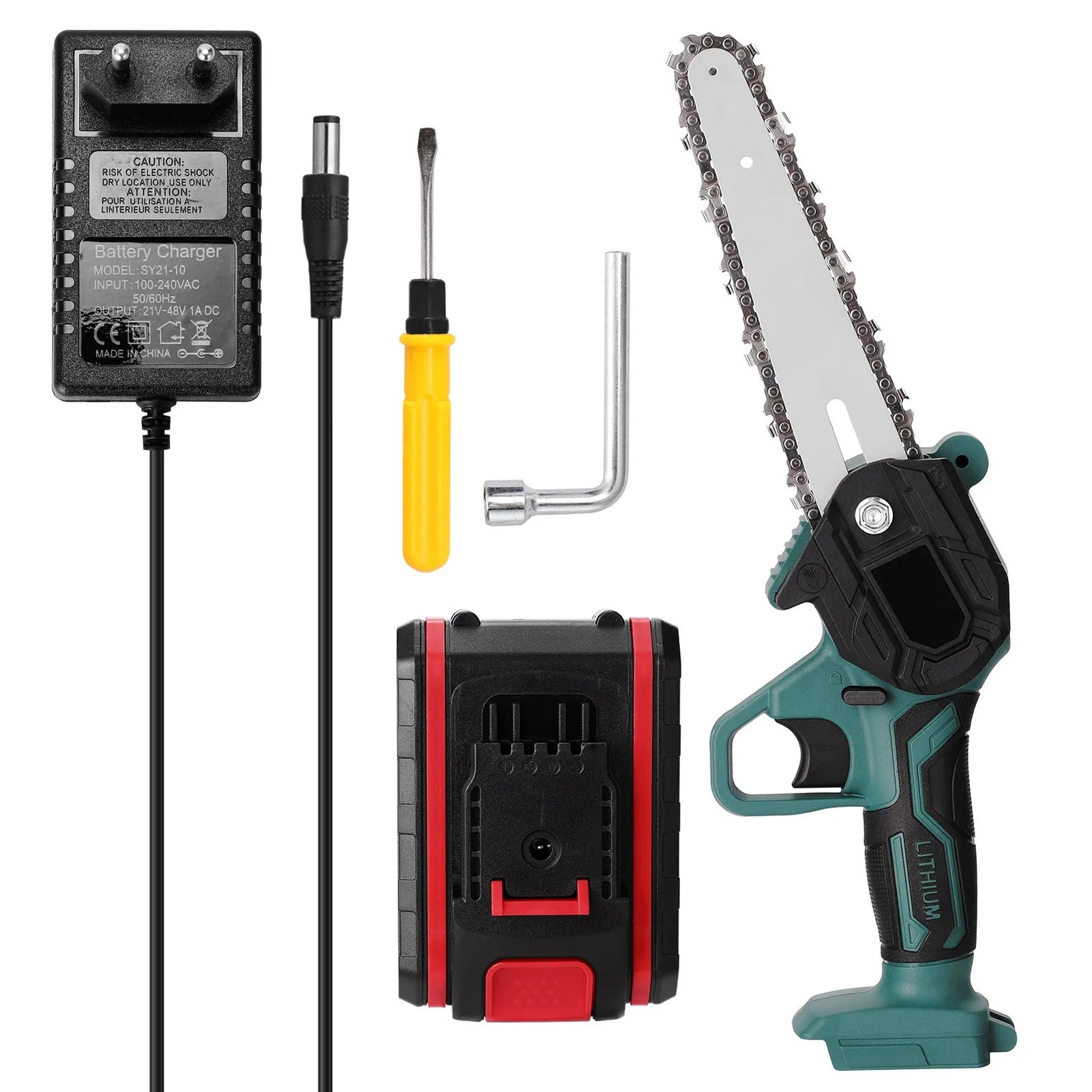 Black mini electric chainsaw with 4-inch chain, one-hand grip design for portable logging