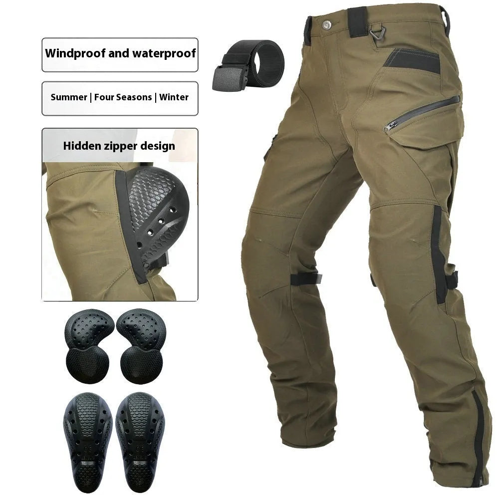Man's black waterproof motorcycle cycling pants with adjustable belt laid flat.