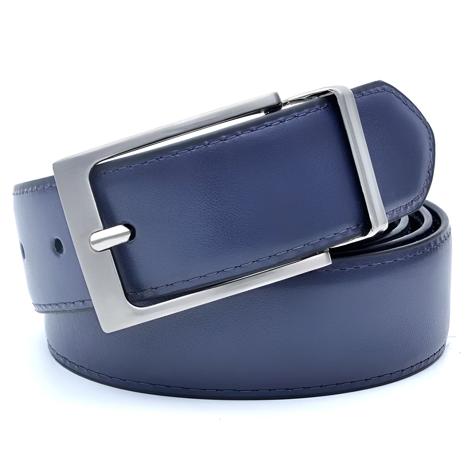 Men's brown and black genuine leather belt with rotating alloy pin buckle shown at 120cm length