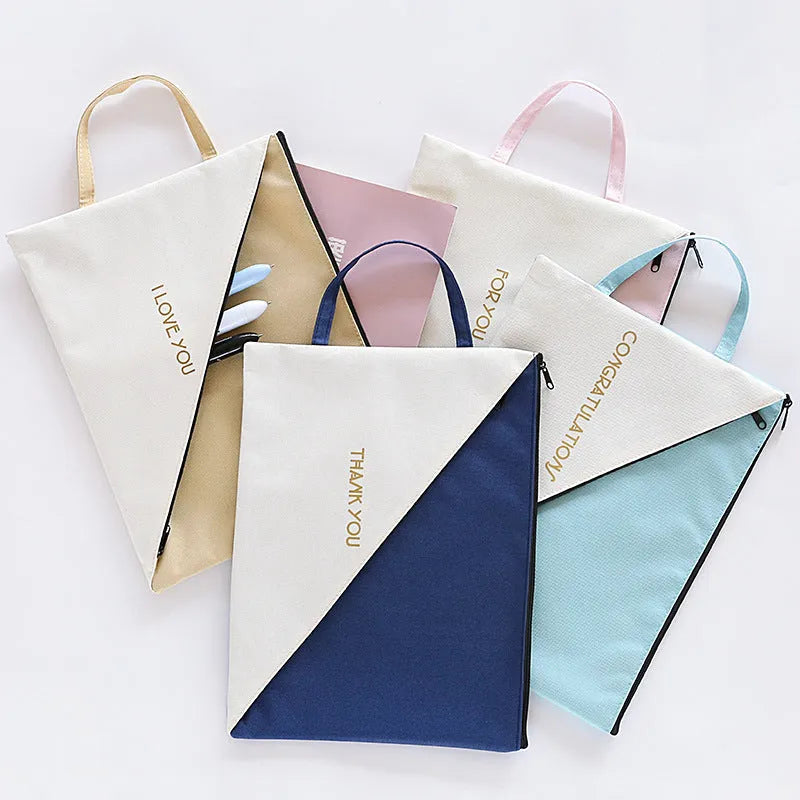 Blue double-layer zippered student document bag made from Oxford cloth, shown with A4 papers.