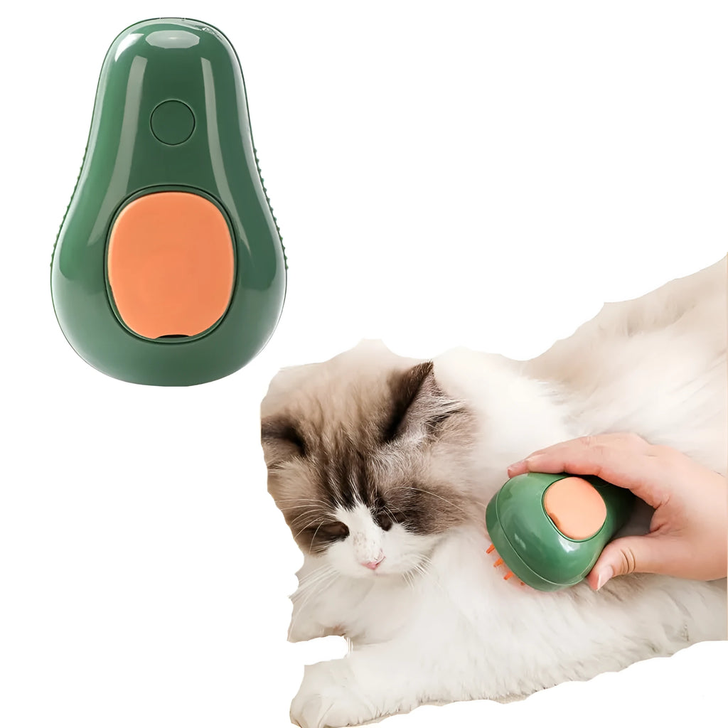 Green and white rechargeable cat steam brush with silicone teeth, shown with water spray function.