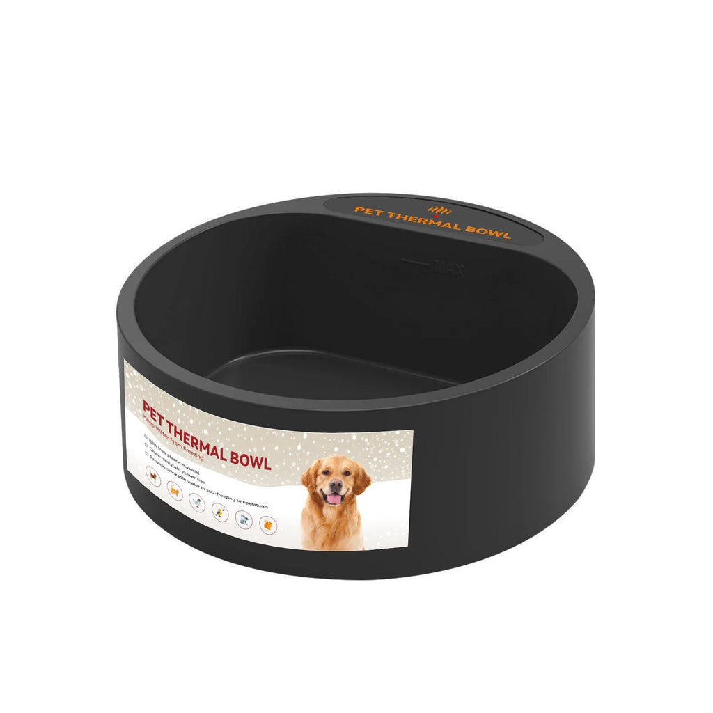 Black ABS plastic heated pet feeding bowl for cats and dogs with a 2.2-litre capacity.