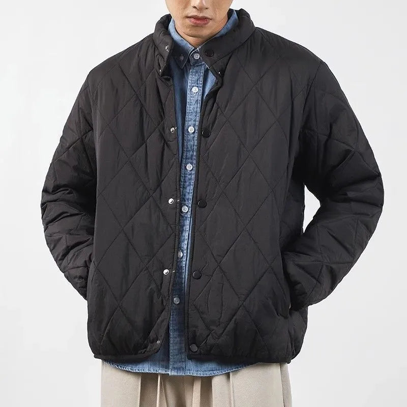 Men's black diamond lattice winter jacket with lengthened 100cm cut and loose fit