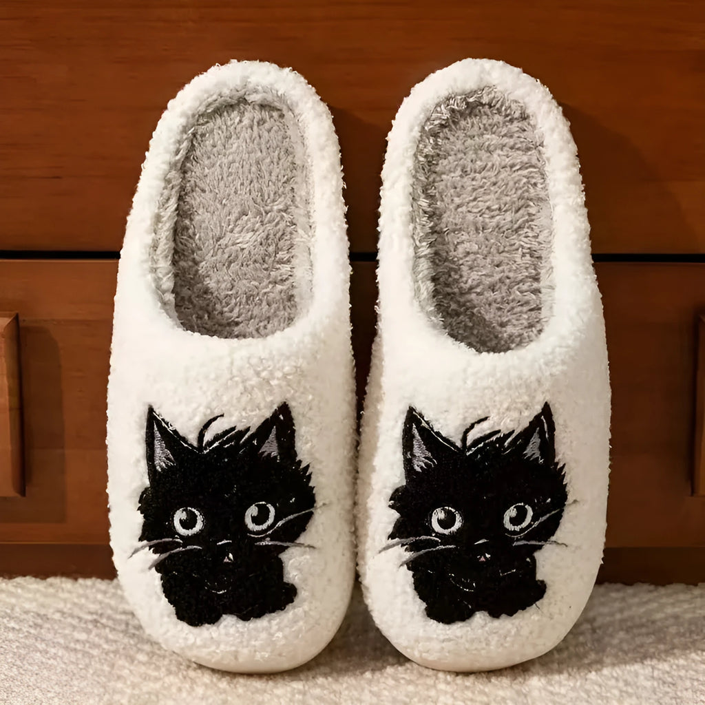 White plush couples slippers with black beard cat cartoon print and non-slip sole