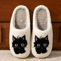 White plush couples slippers with black beard cat cartoon print and non-slip sole