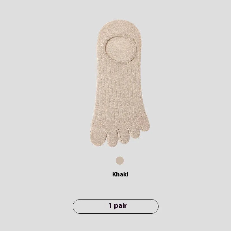 Men's modal five-finger invisible socks in white, shown on a foot with a low-cut shoe.