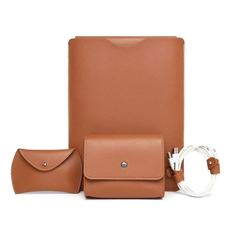 Four imitation leather corner protectors for MacBook Pro in apricot, brown, grey, and light pink colours