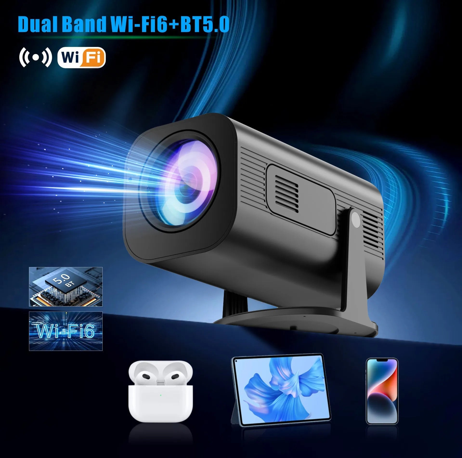 P330 portable mini projector in black or white with remote control on a table
