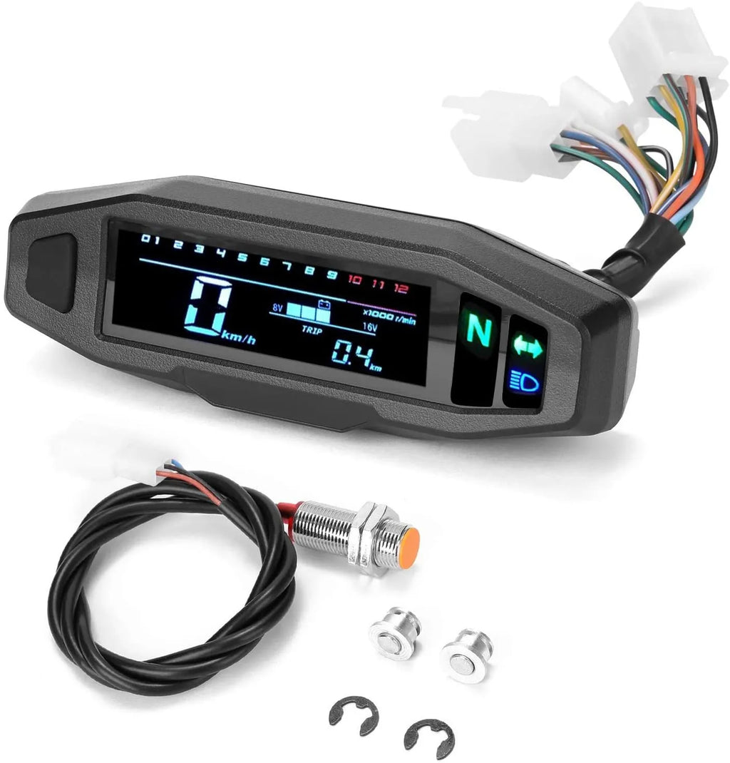 Black motorcycle mini speedometer with LCD display showing speed and oil levels