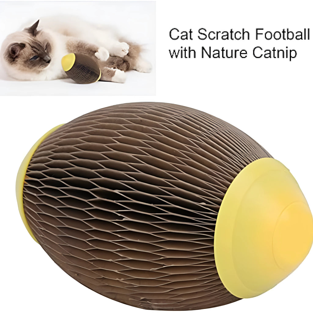 Ellipse-shaped corrugated paper catnip ball toy for cats on a neutral background