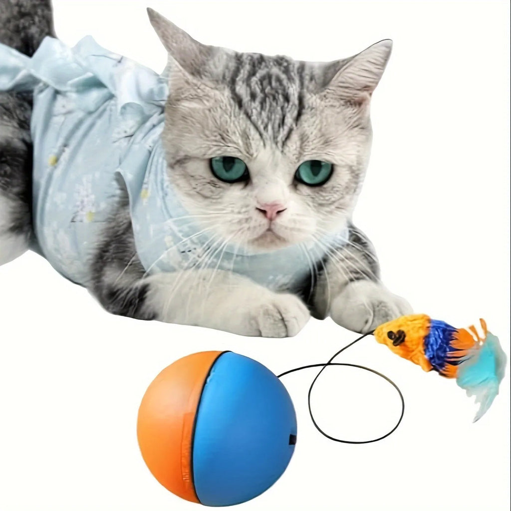 Blue and orange interactive cat toy ball with plush mouse attachment for indoor feline exercise