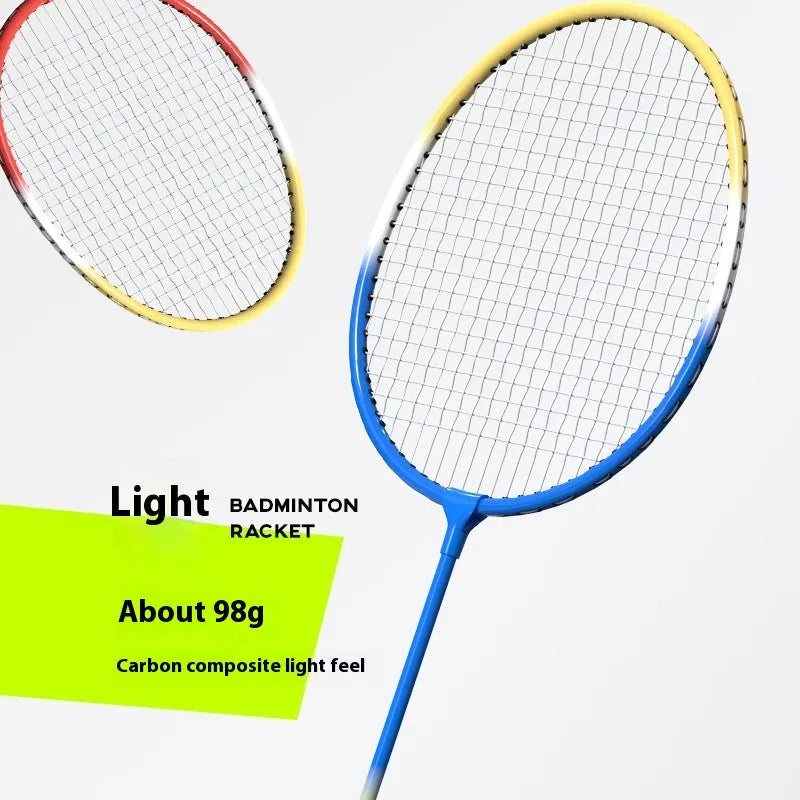 A pair of ultra-light alloy badminton rackets in blue and red colours.