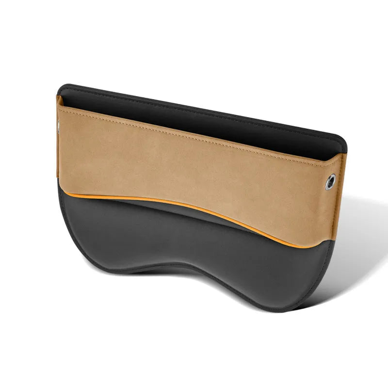 Leather car seat storage box in a choice of five colours on a car rear seat.