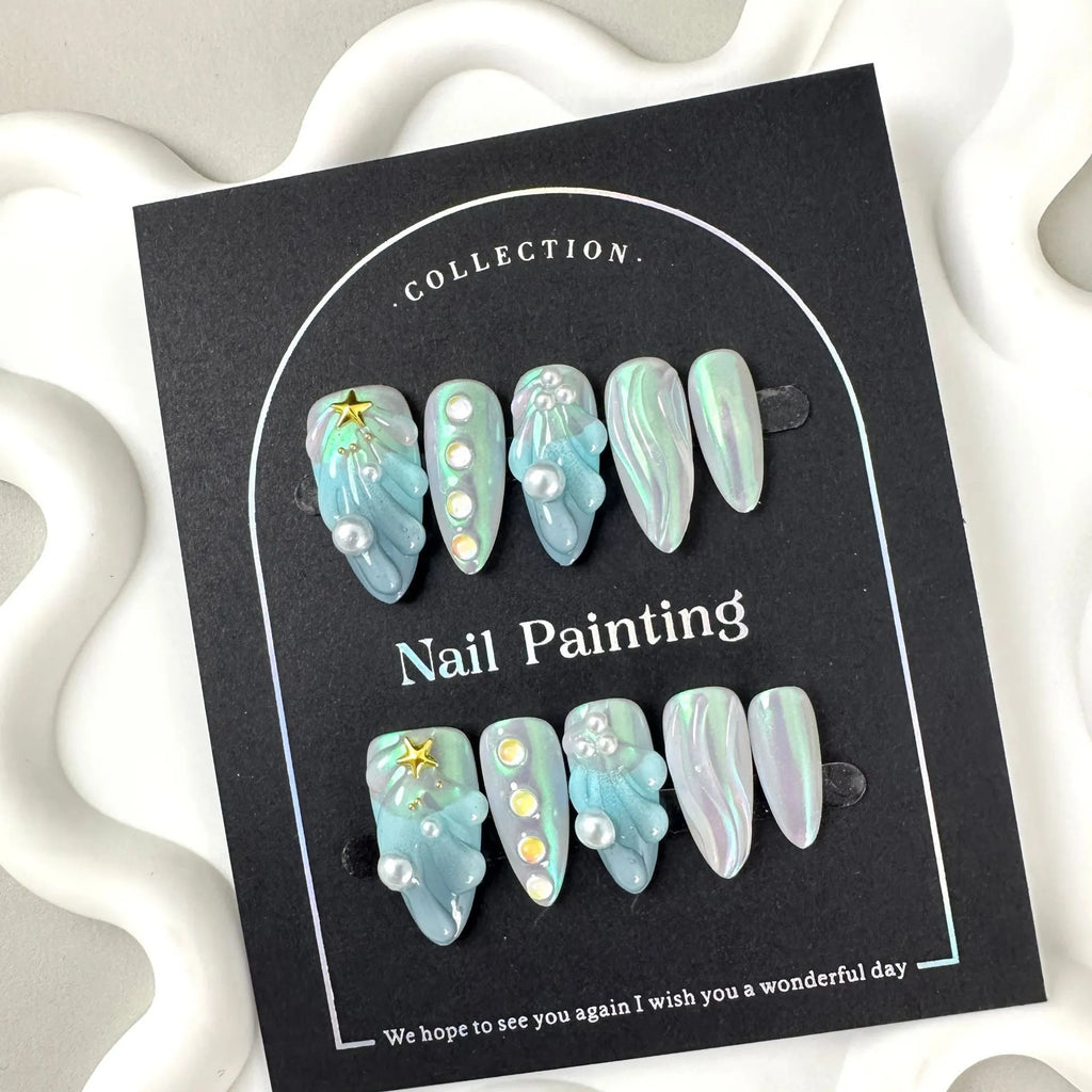 HAILANG blue shell pattern plastic artificial nail tips set showing sizes XS, S, M, L