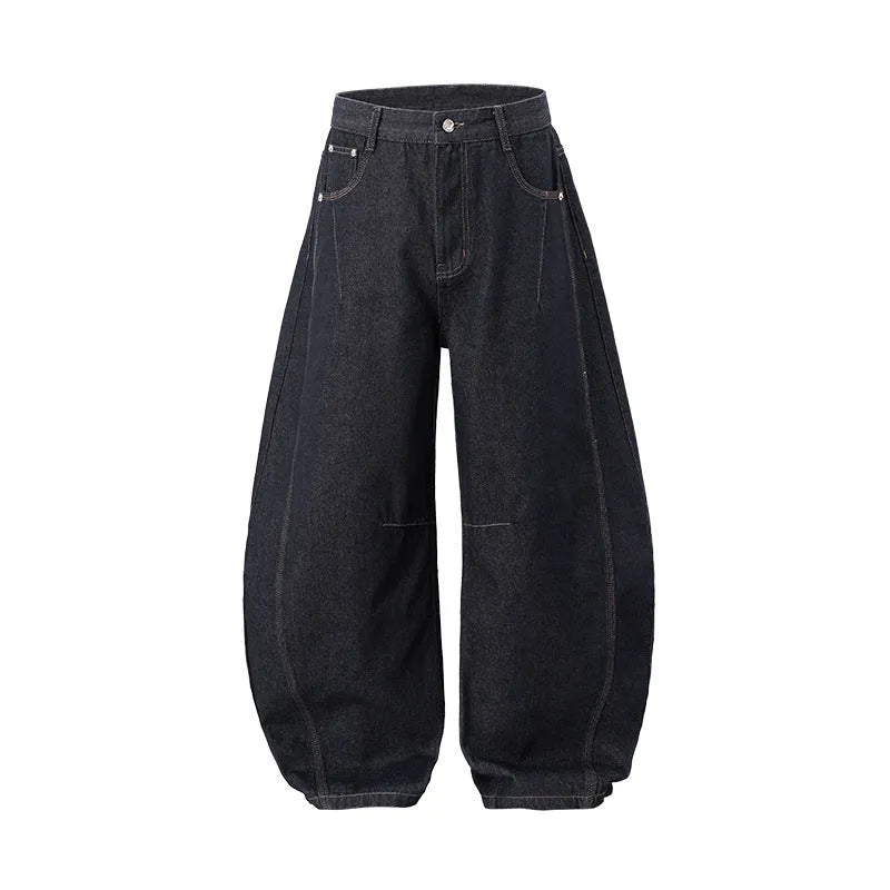 Men's wide leg denim trousers in original cow colour showing mid waist design and straight leg cut