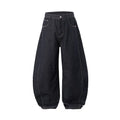 Men's wide leg denim trousers in original cow colour showing mid waist design and straight leg cut