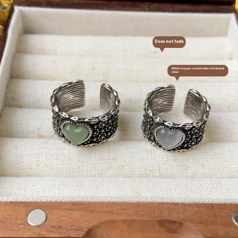 Retro wide-faced moonlight design heart shape adjustable ring in silver plating
