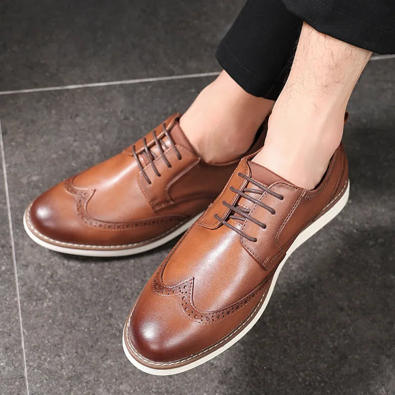 Men's black slip-on business casual shoes with round toe and TPR soles