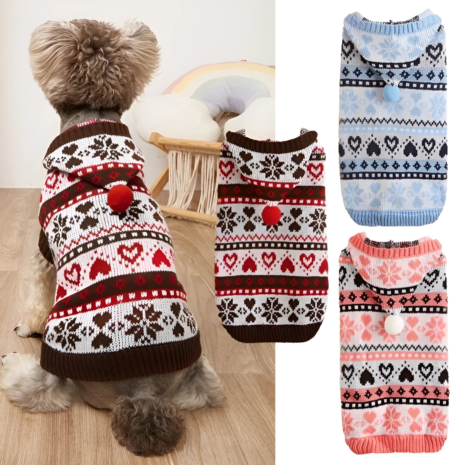 Acrylic knitted dog sweater with snowflake camouflage pattern for small breeds in blue colour