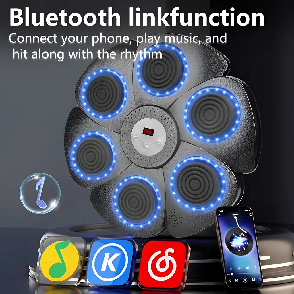 Black smart boxing wall target with LED lights and Bluetooth, includes half-finger boxing gloves