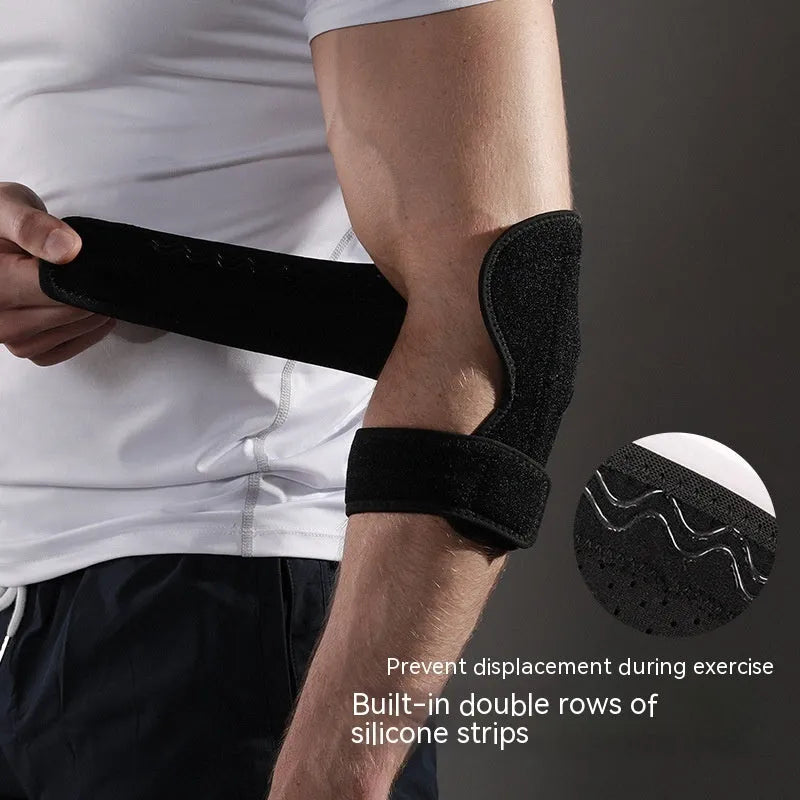 A black adjustable sports elbow guard for adult use in basketball, badminton, and outdoor training.