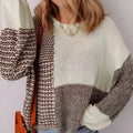 Dark khaki colour block women's sweater with drop shoulders and back tie detail