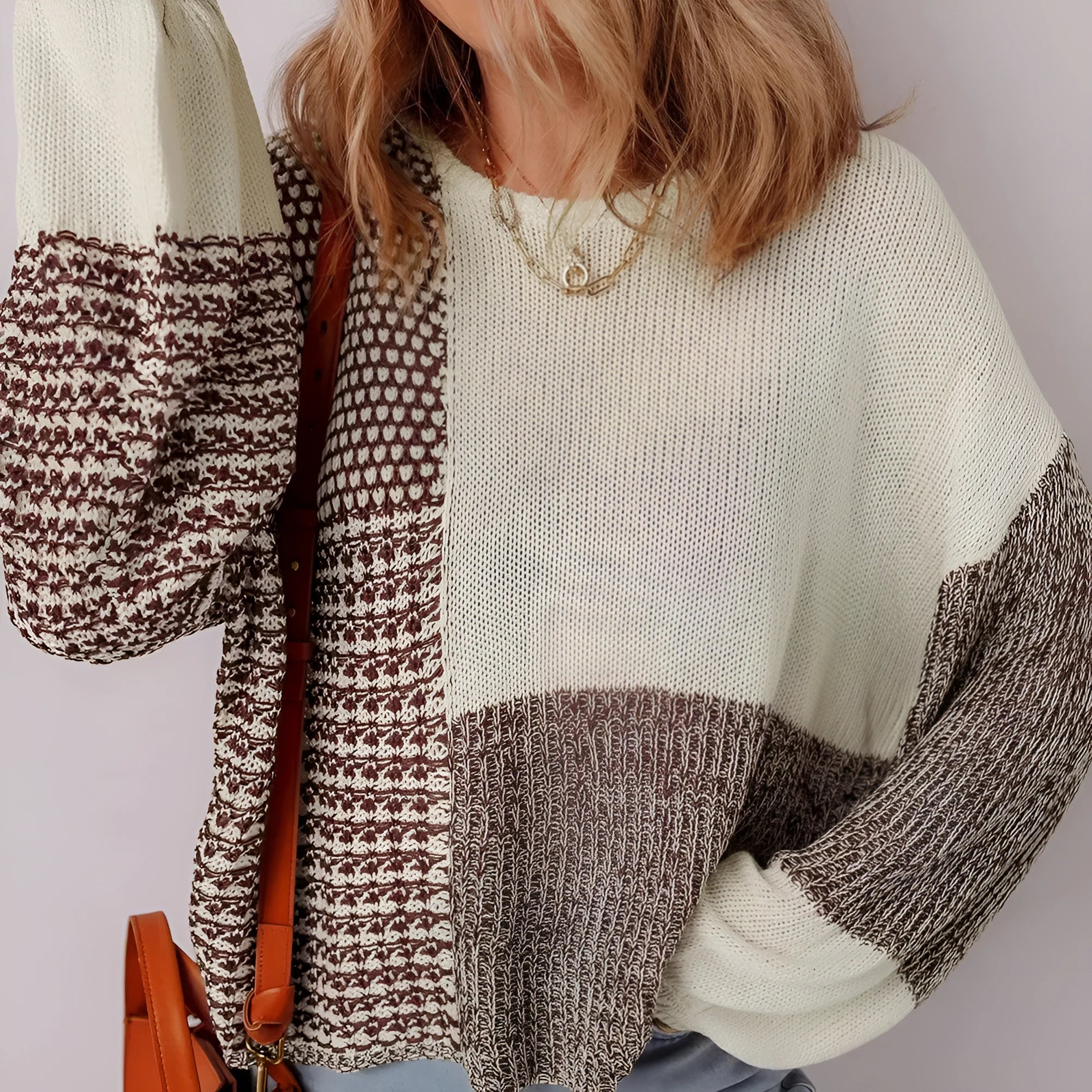 Dark khaki colour block women's sweater with drop shoulders and back tie detail