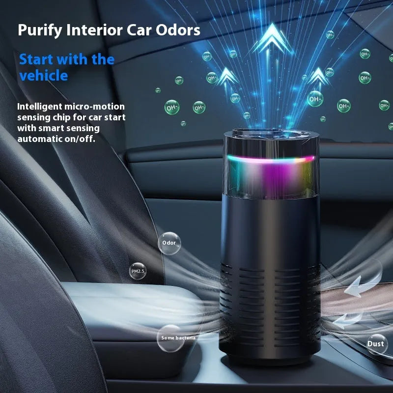 Compact black plastic car air purifier with negative ion function and USB power for small spaces