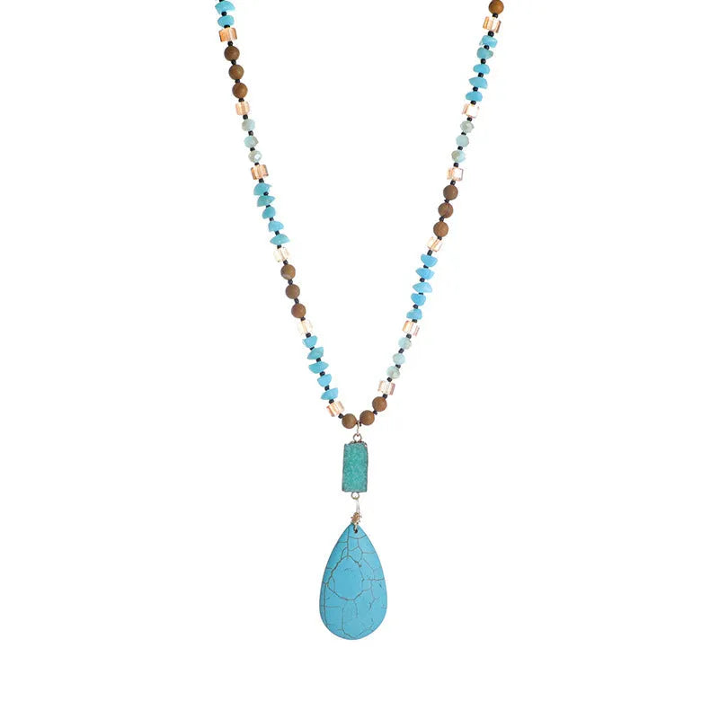 Turquoise blue water drop imitation mineral pendant necklace with ball bead chain, heart and geometric shapes.