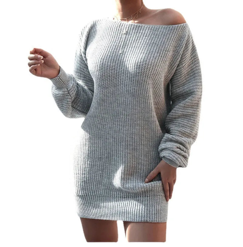 Women's off-shoulder knitted dress with lantern sleeves in wine red colour showing medium length