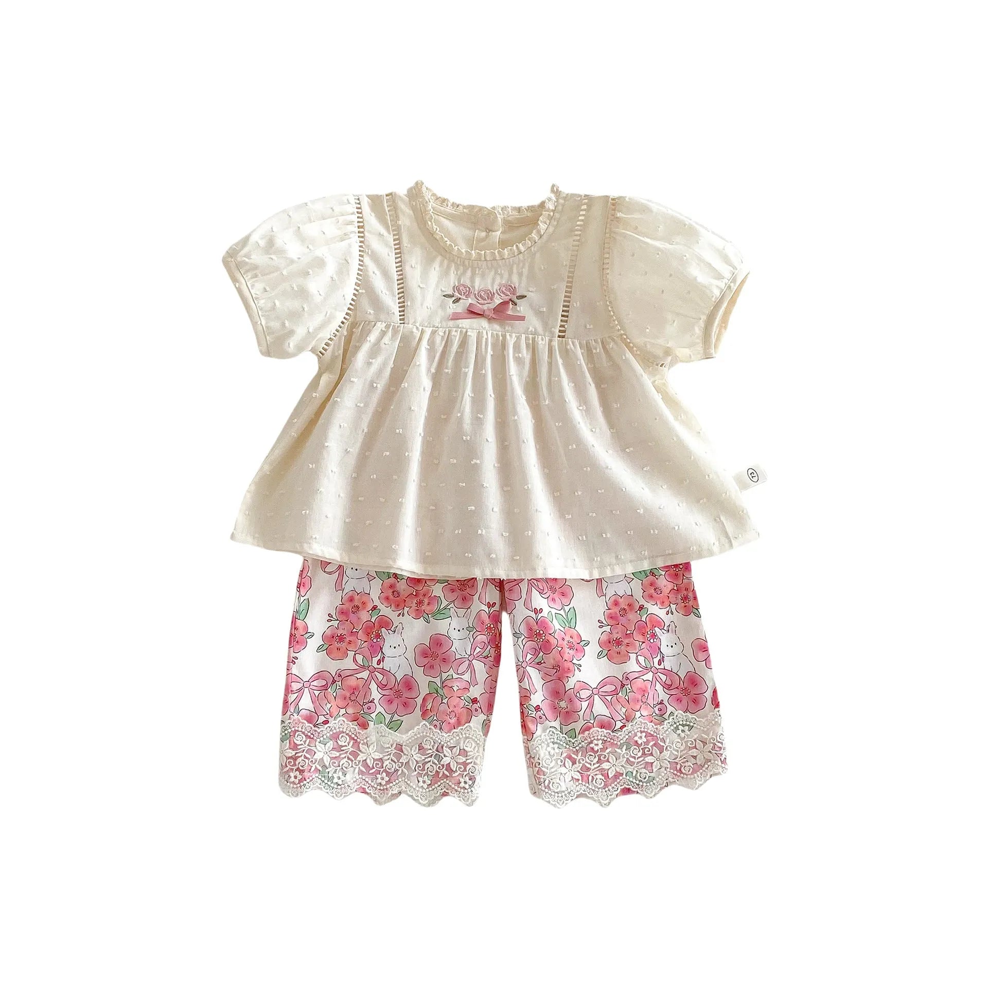 Girls summer lace collar cotton short sleeve shirt and lace straight-leg pants set in almond colour