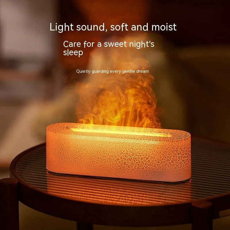 Creative square lava flame aroma diffuser and humidifier in black on a desktop with USB cable.