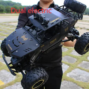 Black and silver 2.4G wireless remote control off-road cars in 28cm and 37cm sizes on rough terrain