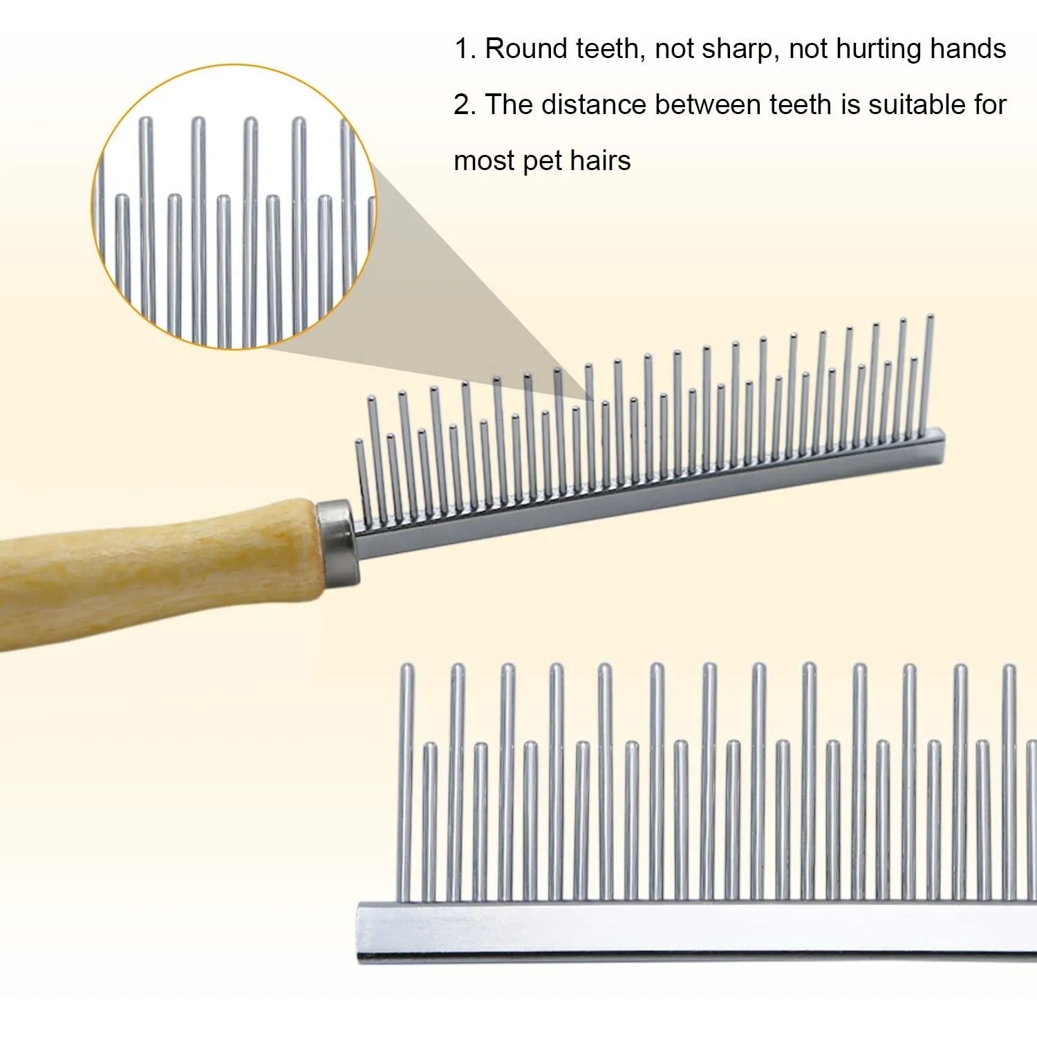 Wooden handle pet grooming comb with round polished needles for dogs and cats
