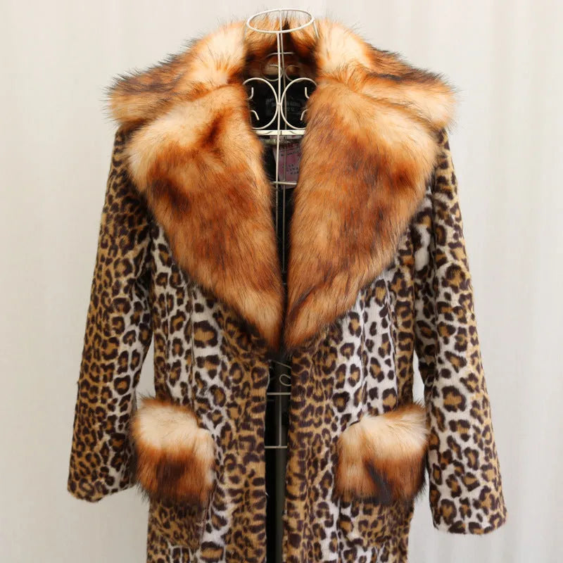 Women's long artificial fur jacket in leopard print, showing front view with regular sleeves.