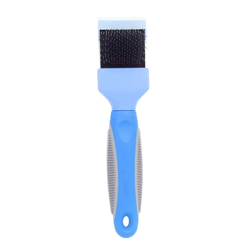 Double-sided pet brush with stainless steel pins on one side and soft bristles on the other