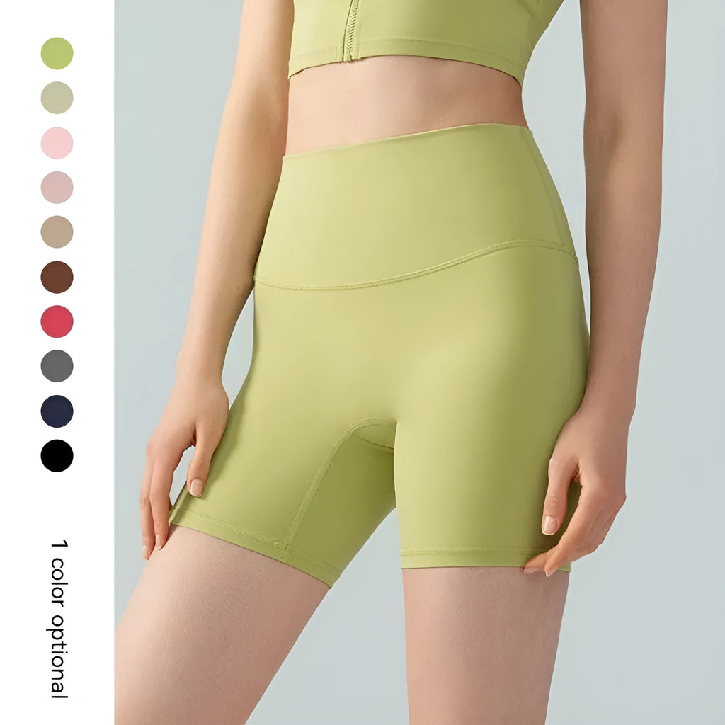 Women's Lycra yoga tight shorts in leaf green colour showing high-waist design and four-point anti-exposure construction