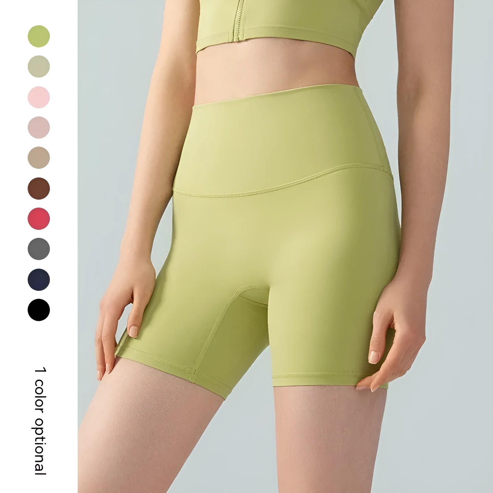 Women's Lycra yoga tight shorts in leaf green colour showing high-waist design and four-point anti-exposure construction