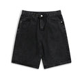 Men's straight-leg denim shorts in light blue, shown with a mid-rise waist and zip-fly closure