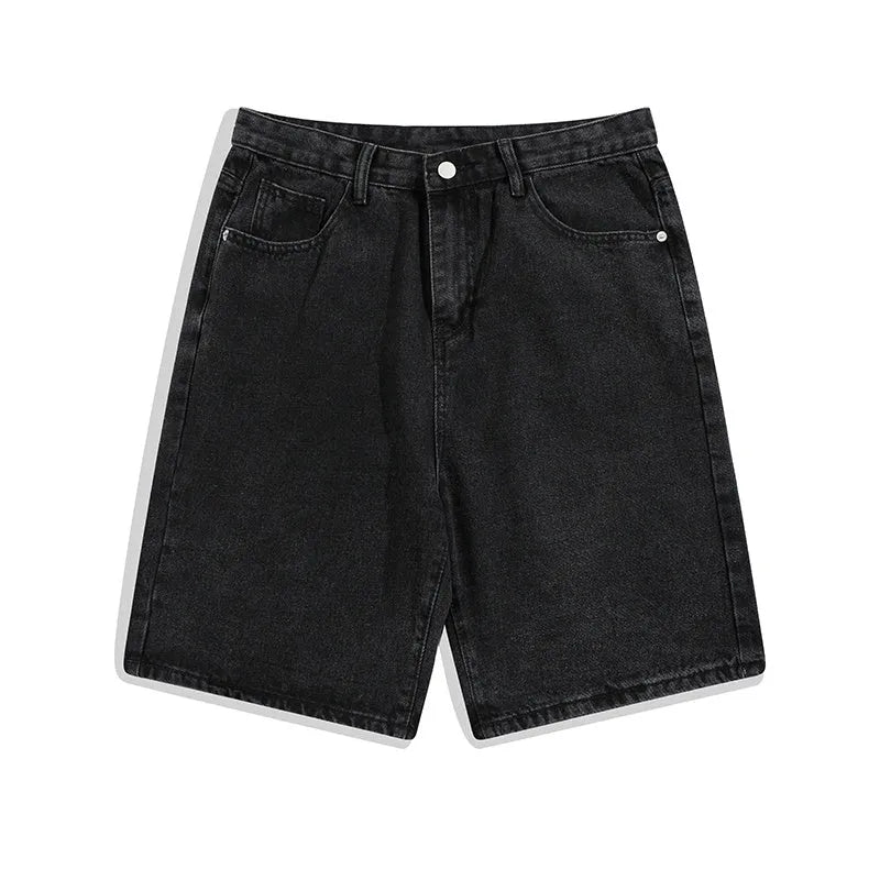 Men's straight-leg denim shorts in light blue, shown with a mid-rise waist and zip-fly closure