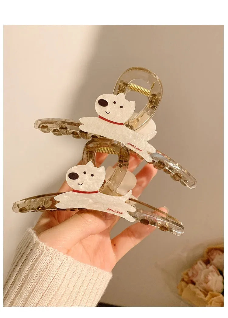 Cartoon puppy hair barrettes with metal spring clasp in beige and brown colours